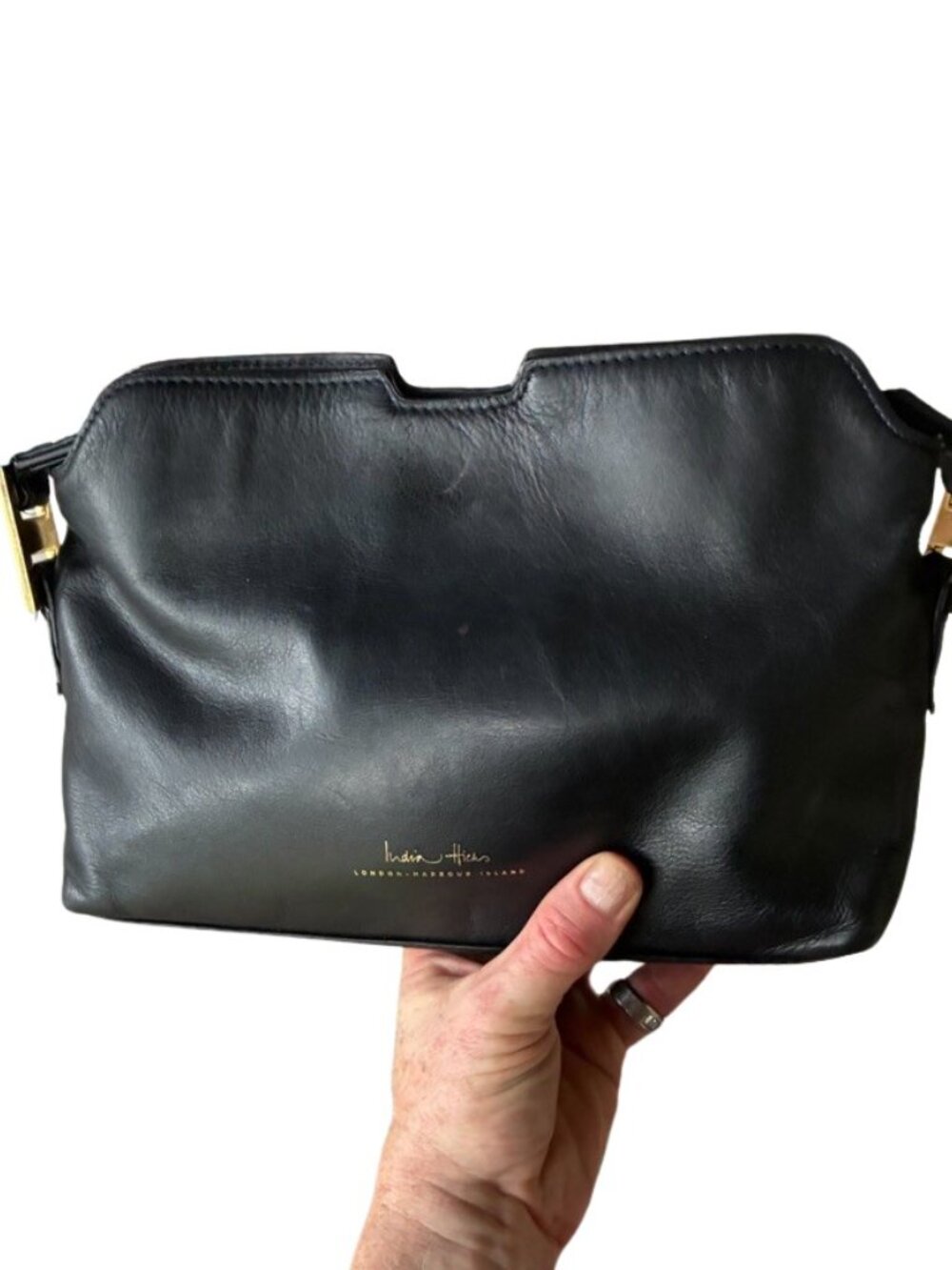 India Hicks Black Leather Carmen Clutch Frame Evening Bag
